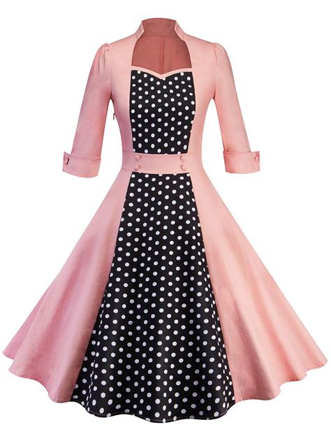 S Women Vintage Polka Dot Rockabilly Swing Pinup Evening Party Housewife Dress Long Sleeve