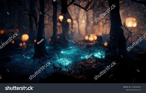 Realistic Haunted Forest Creepy Landscape Night Stock Illustration