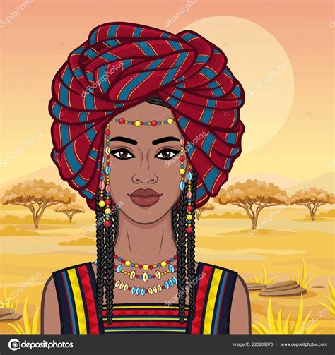 Animation Portrait Beautiful African Woman Turban Savanna Princess Amazon Nomad — Stock Vector