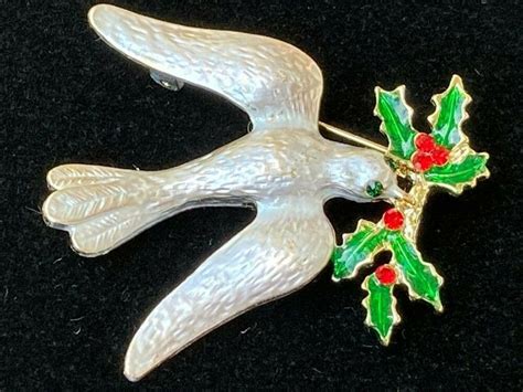 Christmas Holly Berry Olive Branch Love White Dove Bird Pin Brooch
