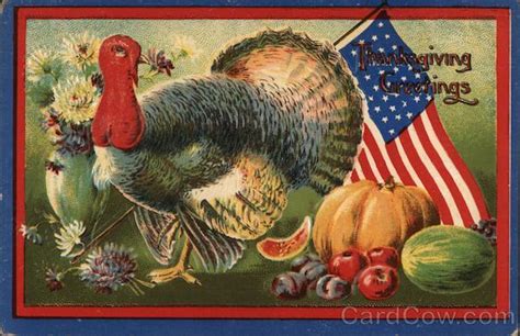 Thanksgiving Greetings Turkey American Flag Pumpkin Fruit Turkeys