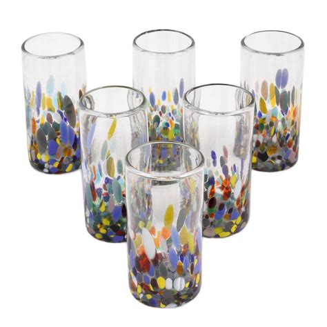 multicolor hand blown glass highball glasses set of 6 confetti festival novica
