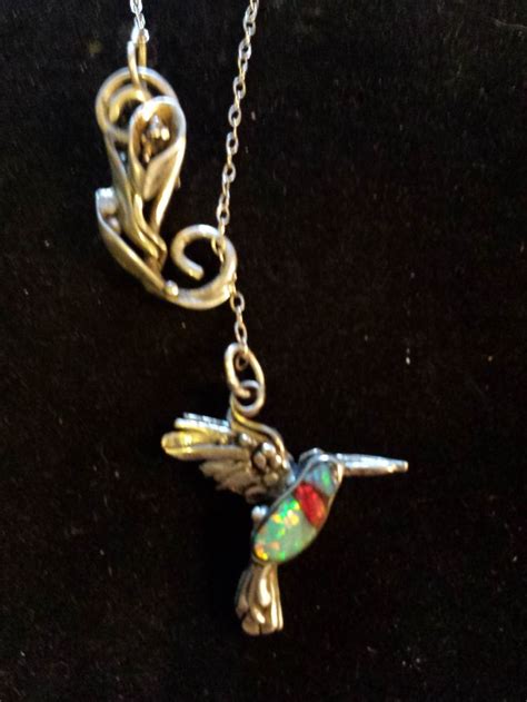 Handmade Double Sided Lab Opal And Sterling Silver Hummingbird Necklace