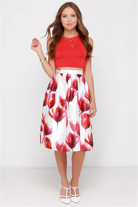 Ivory And Red Floral Print Skirt Midi Skirt High Waisted Skirt