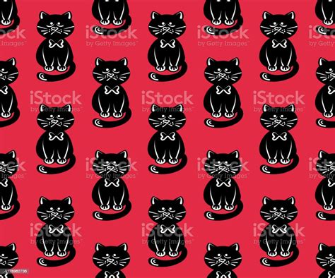 Black Cat Pattern In Modern Style On A Red Background Beautiful Cartoon Pattern With Cats