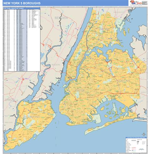 New York 5 Boroughs Metro Area Ny Wall Map Basic Style