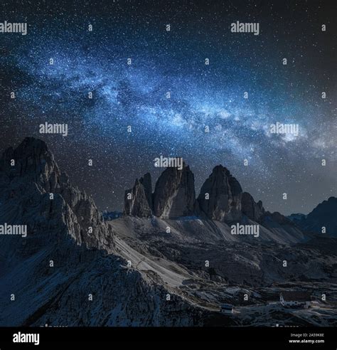 Milky Way Over Tre Cime In Dolomites At Night Stock Photo Alamy