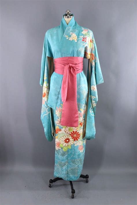 Vintage Sky Blue Silk Kimono Robe