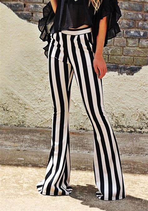 Black White Striped Casual Mid Rise Long Flare Pants Flare Pants