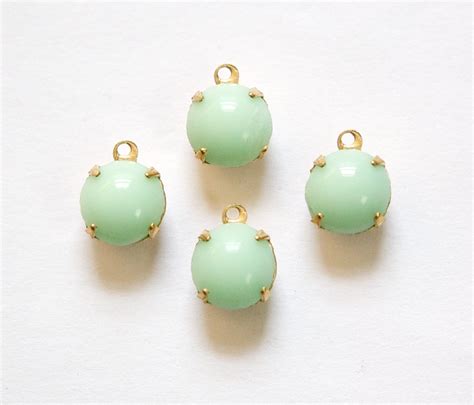 Vintage Opaque Light Green Glass Stone 1 Loop Brass Setting Drops 85mm