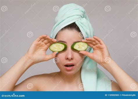 Woman Holding A Cucumbers In Front Of Her Eyes Like A Binoculars Stock Image Image Of