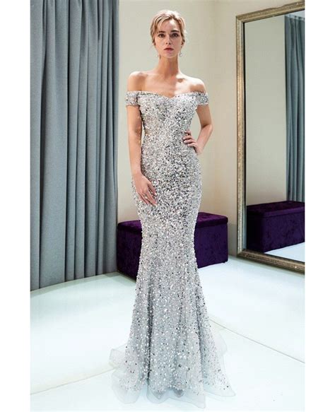 Luxury Sparkly Silver Mermaid Long Prom Dress With Off Shoulder Straps