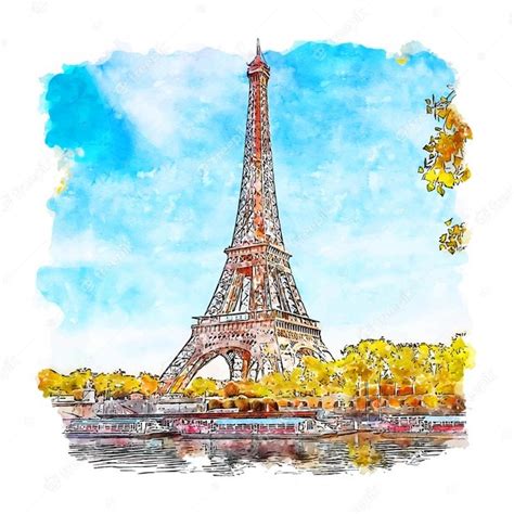 Tour Eiffel Paris France Aquarelle Croquis Illustration Dessinée à La