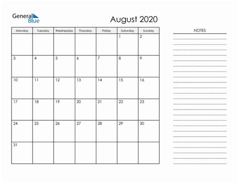 Printable Monthly Calendar With Notes August 2020