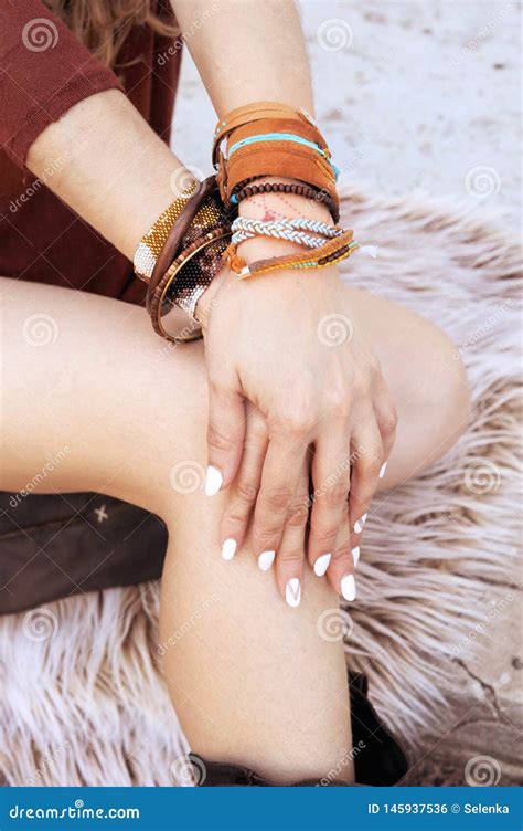 Female Hands With Many Boho Bracelets Stock Photo Image Of Face Boho