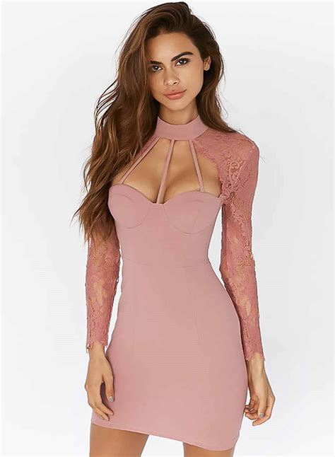 Womens Long Sleeve Lace Bodycon Cut Out Mini Dress