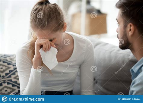 Unhappy Couple Woman With Handkerchief Crying Relations Problem Stock