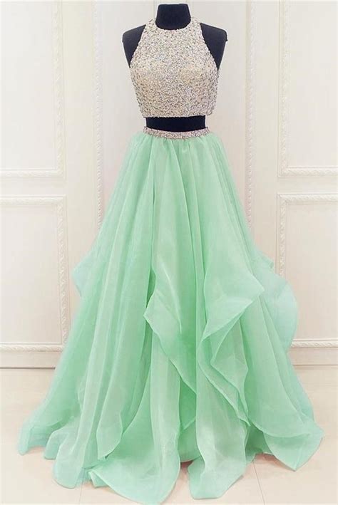 Charming Two Pieces Long Prom Dressesbeading Halter Tulle Prom Dresses