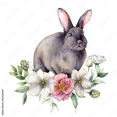 Watercolor Card With Bunny And Flowers Hand Painted Rabbit Anemones