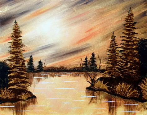 Orange Lake Painting Landscape Paintings Abstract Art Painting