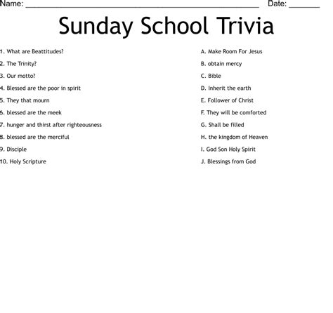 Sunday School Trivia Worksheet Wordmint