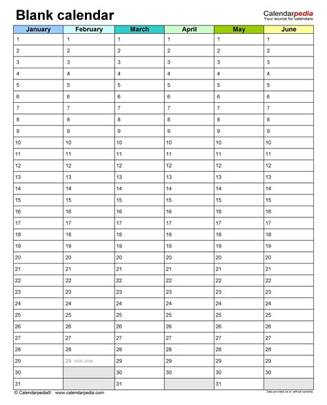 Calendar template full year one page