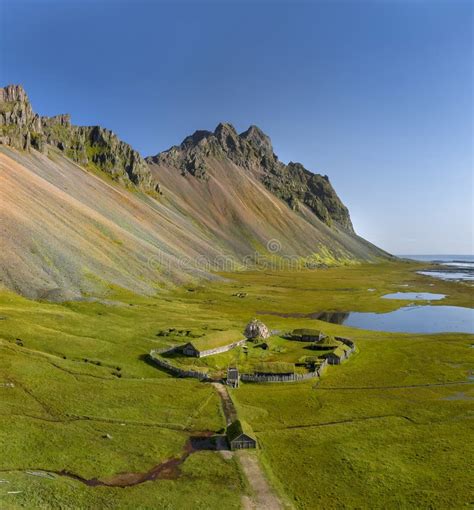 Icelandic Aerial Landscape With A Viking Village In Stokksnes
