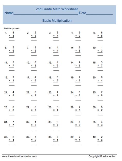 2nd Grade Math Worksheet Practice Basic Multiplication More Second