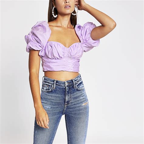 Light Purple Ruched Puff Sleeve Crop Top River Island