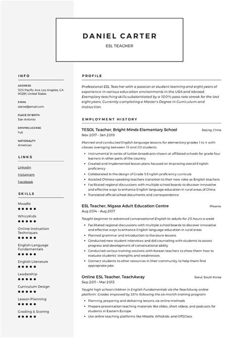 Resume sample from professional resume writing anthony frink career recent college graduate fluent in russian and english seeking full time translator objective position in the boston, ma area. ESL Teacher Resume Sample & Writing Guide | Resumeviking ...