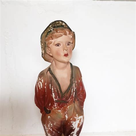Post Depression Era Whistling Boy Plaster Statue In Original Painted