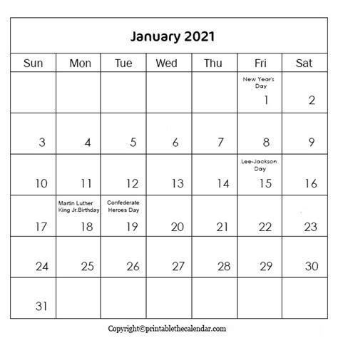 January 2021 Calendar With Holidays Printable The Calendar