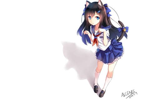 School Uniform Anime Girls Animal Ears Black Hair Blue Eyes Tail Nekomimi Original