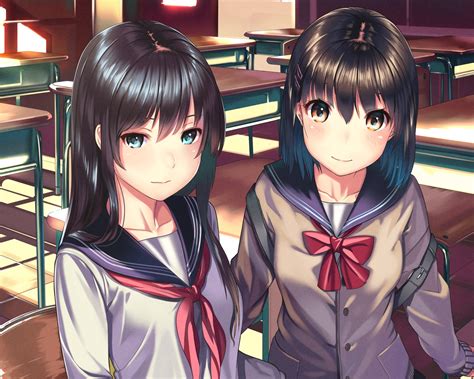 Wallpaper Friends Anime Girls Classroom Sailor Uniform Brown Hair