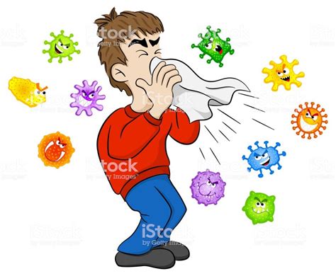 Vector Illustration Of A Sneezing Man With Germs Vector Illustration