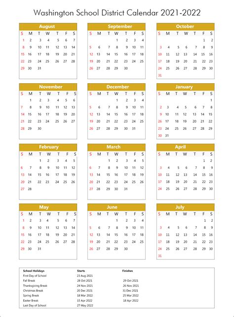 Washington School District Calendar Holidays 2021 2022