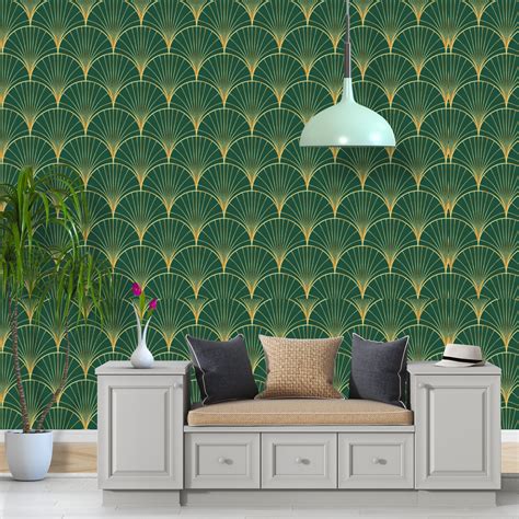 Geometric Art Deco Green Gold Wallpaper Monochrome Embossed Etsy