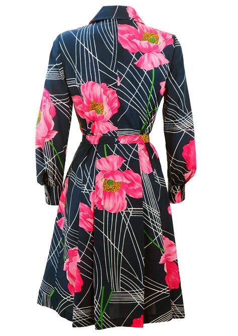 Vintage blue pink floral pattern short dress. Vintage 70's Navy Blue Midi Dress with Bold Floral Pink ...