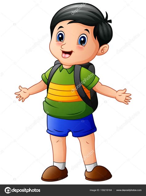 Asiático niño niño con auriculares. Dibujos animados niño feliz con una mochila — Vector de ...