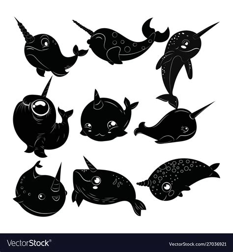 Set Cartoon Narwhals Collection Black And Vector Image
