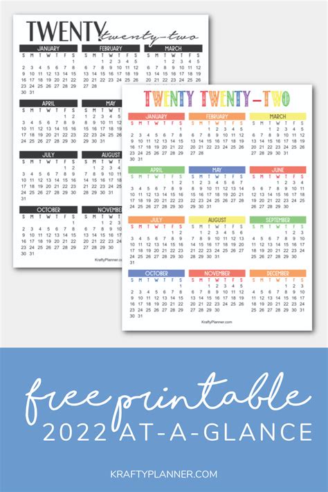 2022 Year At A Glance Free Printable Calendar — Krafty Planner Free