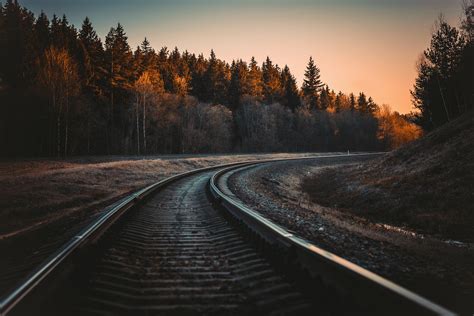 Wallpaper Railway Railroad Track Forest Nature Trees Dusk