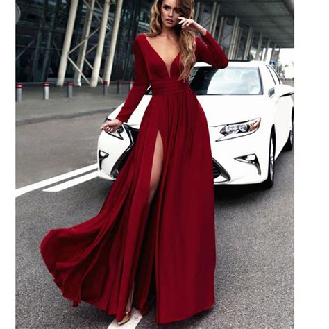 Long Sleeves Redburgundy Dress Chiffon Sexy Deep V Neck Women Formal Siaoryne