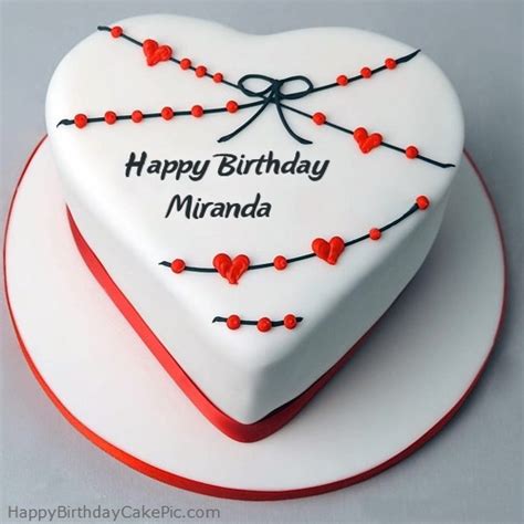 ️ Red White Heart Happy Birthday Cake For Miranda