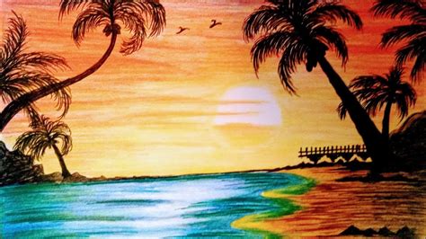 Sunset On Beach Colored Pencils Drawing Sunset On Beach With Color My Xxx Hot Girl