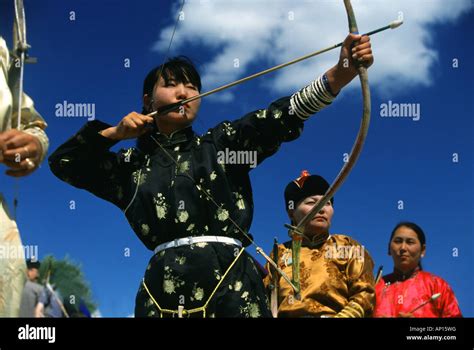 Female Archers Nadaam Festival Ulan Bator Mongolia Asia Stock Photo