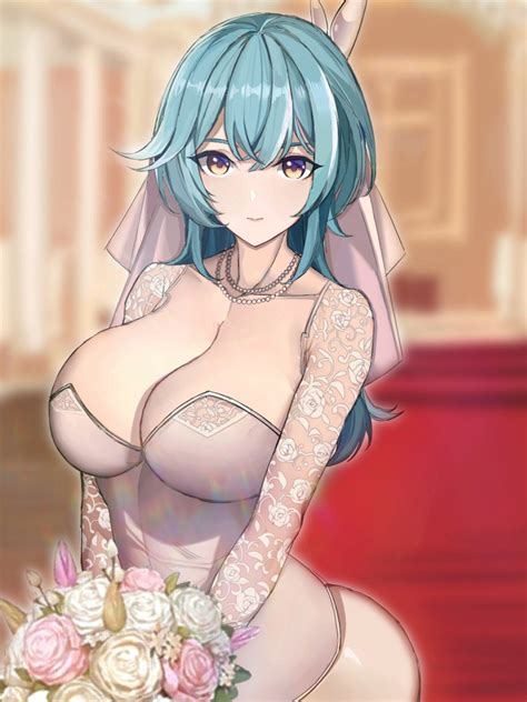 rule 34 1girls blue hair busty cleavage dress eula genshin impact female flower genshin impact