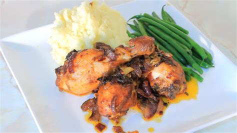 The right temperature is reached when small bubbles form when a wooden spoon is. Red Onion And Garlic Pan Fried Chicken Served With Mash ...
