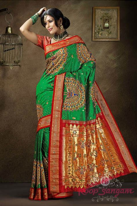 Green Paithani Saree With A Solid Contrast Borderthe Peacock Embroidery Is All Over The Border