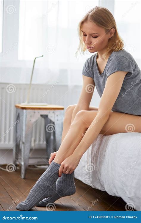 Sweet Girl Puts On Socks In Morning Stock Image Image Of Early